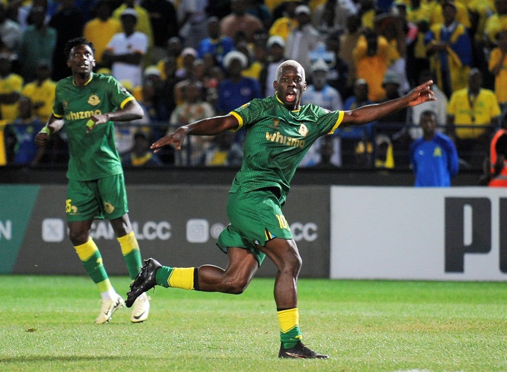 Stephane Aziz Ki of Young Africans celebrates goal which is disallowed after VAR decision during the CAF Champions League 2023/24  quarterfinals match between Mamelodi Sundowns and Young Africans at Loftus Stadium in Pretoria on 05 April 2024 