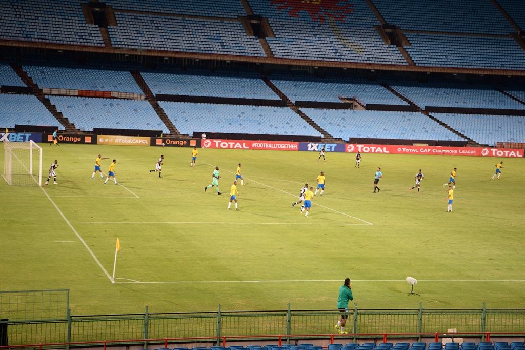 Mamelodi Sundowns and TP Mazembe playing without fans during the CAF Champions League match between Mamelodi Sundowns and TP Mazembe at Loftus Versfeld Stadium on 16 March 2021 in Pretoria, South Africa. Photo by Gallo Images