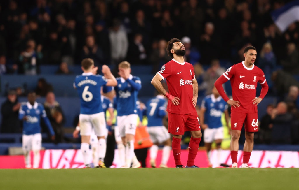 LIVERPOOL, ENGLAND - APRIL 24: Mohamed Salah of Liverpool looks dejected after Dominic Calvert-Lewin of Everton (not pictured) scores his teams second goal during the Premier League match between Everton FC and Liverpool FC at Goodison Park on April 24, 2024 in Liverpool, England. (Photo by Naomi Baker/Getty Images)