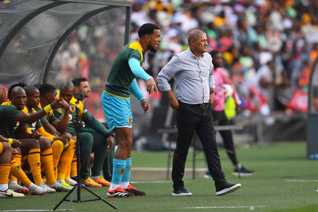 JOHANNESBURG, SOUTH AFRICA - MARCH 09: Brandon Petersen of Kaizer Chiefs and Coach Cavin Johnson during the DStv Premiership match between Orlando Pirates and Kaizer Chiefs at FNB Stadium on March 09, 2024 in Johannesburg, South Africa. (Photo by Lefty Shivambu/Gallo Images)