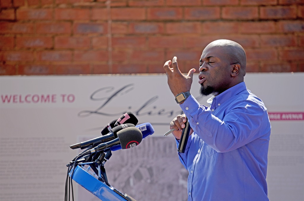 Solly Msimanga speaks outside Liliesleaf farm  in Rivonia, Sandton on Thursday.