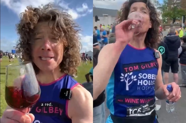 Down the hatch! Runner Tom Gilbey stops for a drop of refreshment during the London Marathon. (PHOTO: Instagram/ @tomgilbeywine)