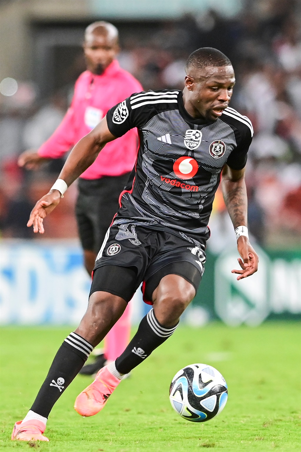 DURBAN, SOUTH AFRICA - APRIL 13: Tshegofatso Mabasa of Orlando Pirates during the Nedbank Cup, Quarter Final match between AmaZulu FC and Orlando Pirates at Moses Mabhida Stadium on April 13, 2024 in Durban, South Africa. (Photo by Darren Stewart/Gallo Images)