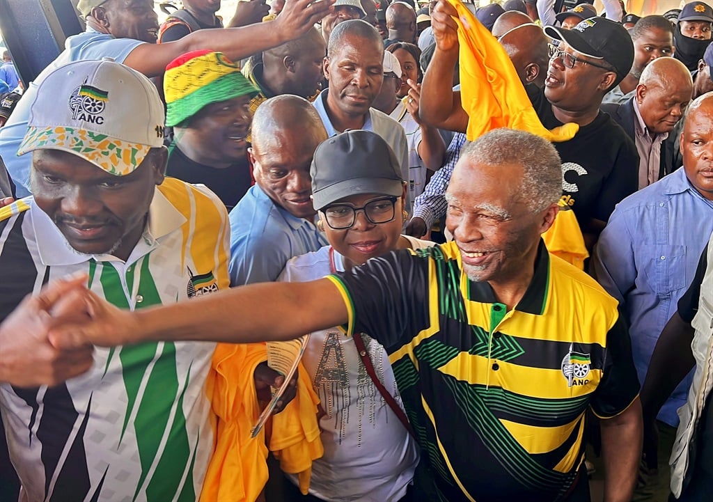Apr 25.2024. Former president Thabo Mbeki campaigning for the ANC at Jabulani mall, Soweto before the May 29th General Elections. 