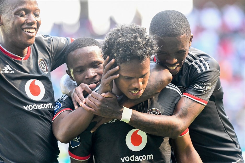 Orlando Pirates players celebrates a goal during the DStv Premiership match between Orlando Pirates and Stellenbosch FC at Orlando Stadium on January 22, 2023 in Johannesburg, South Africa. 