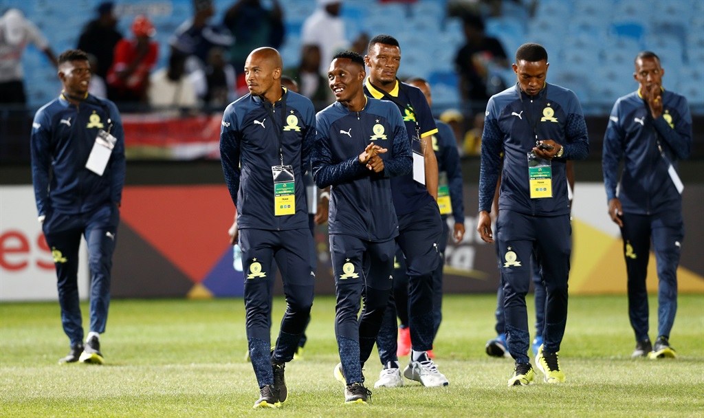 PRETORIA, SOUTH AFRICA - APRIL 05: Mamelodi Sundowns players doing a pitch inspection during the CAF Champions League match between Mamelodi Sundowns and Young Africans SC at Loftus Versfeld Stadium on April 05, 2024 in Pretoria, South Africa. (Photo by Gallo Images)
