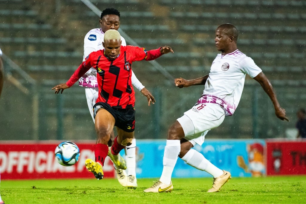 PRETORIA, SOUTH AFRICA - APRIL 26:  Lehlonolo Mojela of TS Galaxy during the DStv Premiership match between TS Galaxy and Moroka Swallows at Lucas Masterpieces Moripe Stadium on April 26, 2024 in Pretoria, South Africa. (Photo by Alche Greeff/Gallo Images)