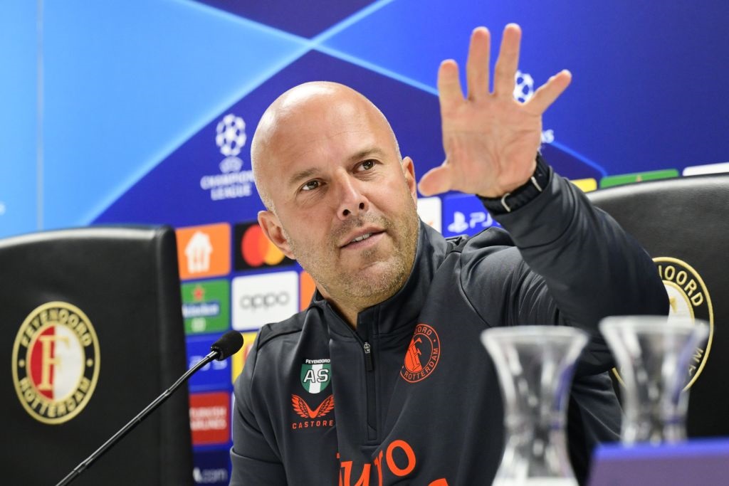 Trainer Arne Slot looks ahead to Feyenoord's first match in the group stage of the Champions League against the Scottish Celtic FC during a press conference in De Kuip. ANP OLAF KRAAK (Photo by ANP via Getty Images)