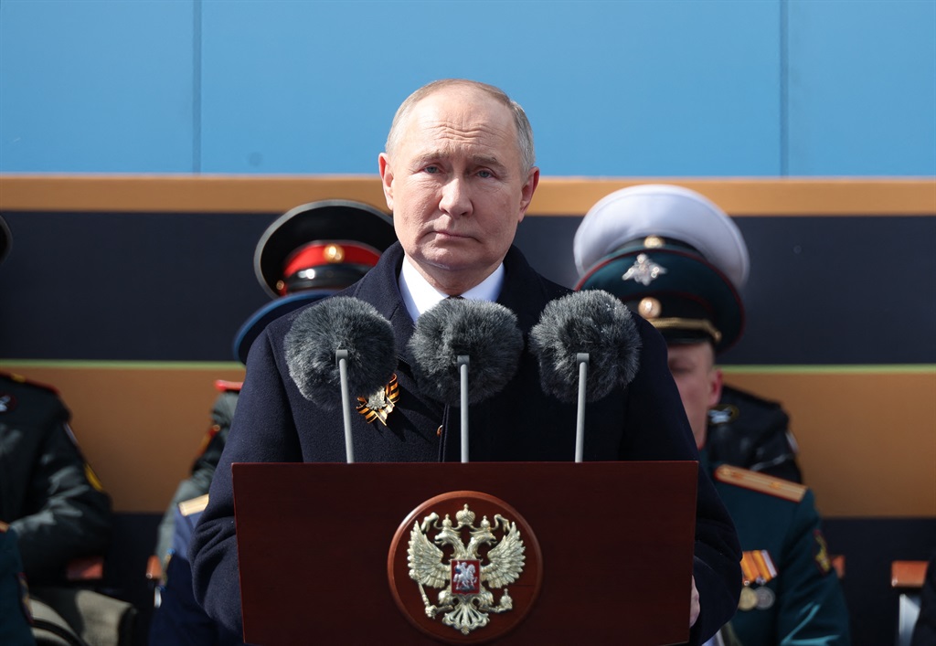 Russian President Vladimir Putin delivers a speech during the Victory Day military parade at Red Square in central Moscow on 9 May 2024. (Mikhail KLIMENTYEV / POOL / AFP)