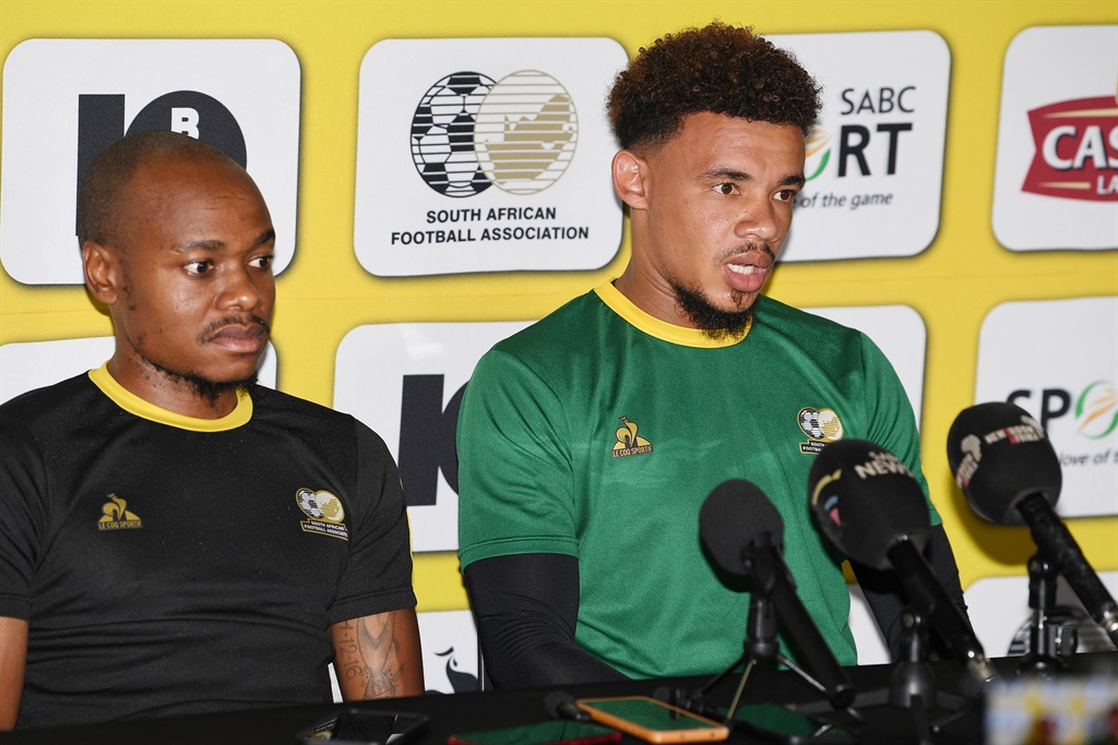 PRETORIA, SOUTH AFRICA - NOVEMBER 13: Percy Tau and Ronwen Williams during the South Africa mens national soccer team training session and press conference at TUKS High Performance Centre on November 13, 2023 in Pretoria, South Africa. (Photo by Lefty Shivambu/Gallo Images)