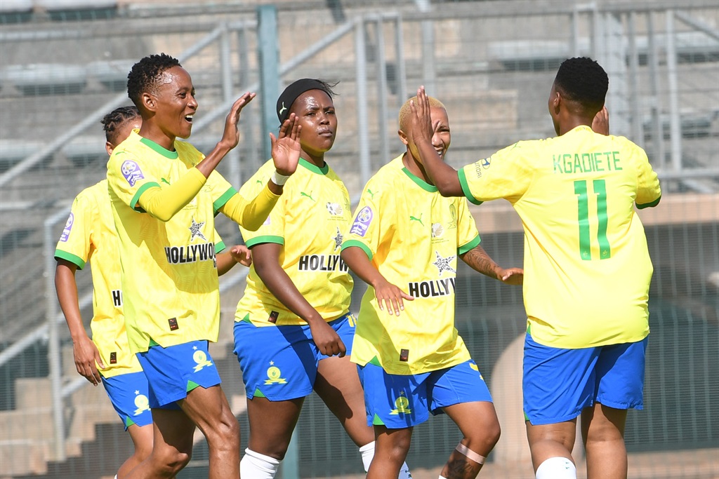 PRETORIA, SOUTH AFRICA - MARCH 16: Sundowns celebrate their goal during the Hollywoodbets Super League match between Mamelodi Sundowns Ladies FC and University of Johannesburg FC at Lucas Moripe Stadium on March 16, 2024 in Pretoria, South Africa. (Photo by Lee Warren/Gallo Images)