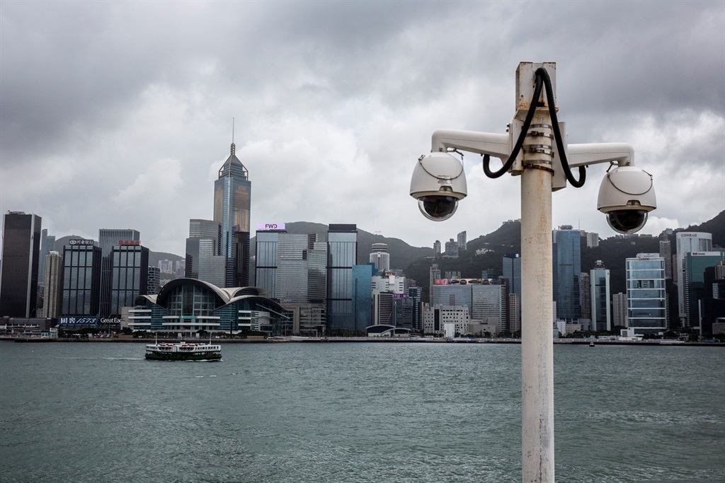 Security cameras along the Tsim Sha Tsui promenade next to Victoria Harbour in Hong Kong, in September 2020. (ISAAC LAWRENCE/AFP)