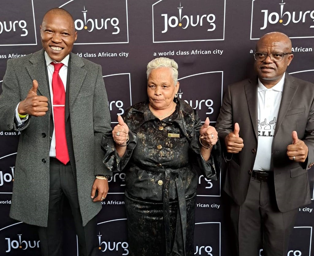 City of Johannesburg Mayor Kabelo Gwamanda (L), Speaker Margaret Arnolds (M), and MMC for Finance Dada Morero (R). (Alex Patrick/News24)