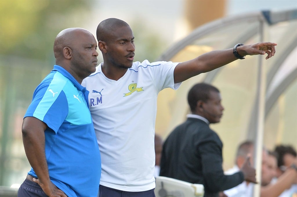 PRETORIA, SOUTH AFRICA - APRIL 08: Pitso Mosimane and Rhulani Mokwena during the Nedbank Cup last 16 match between Mamelodi Sundowns and Golden Arrows at Lucas Moripe Stadium on April 08, 2017 in Pretoria, South Africa. (Photo by Lefty Shivambu/Gallo Images)