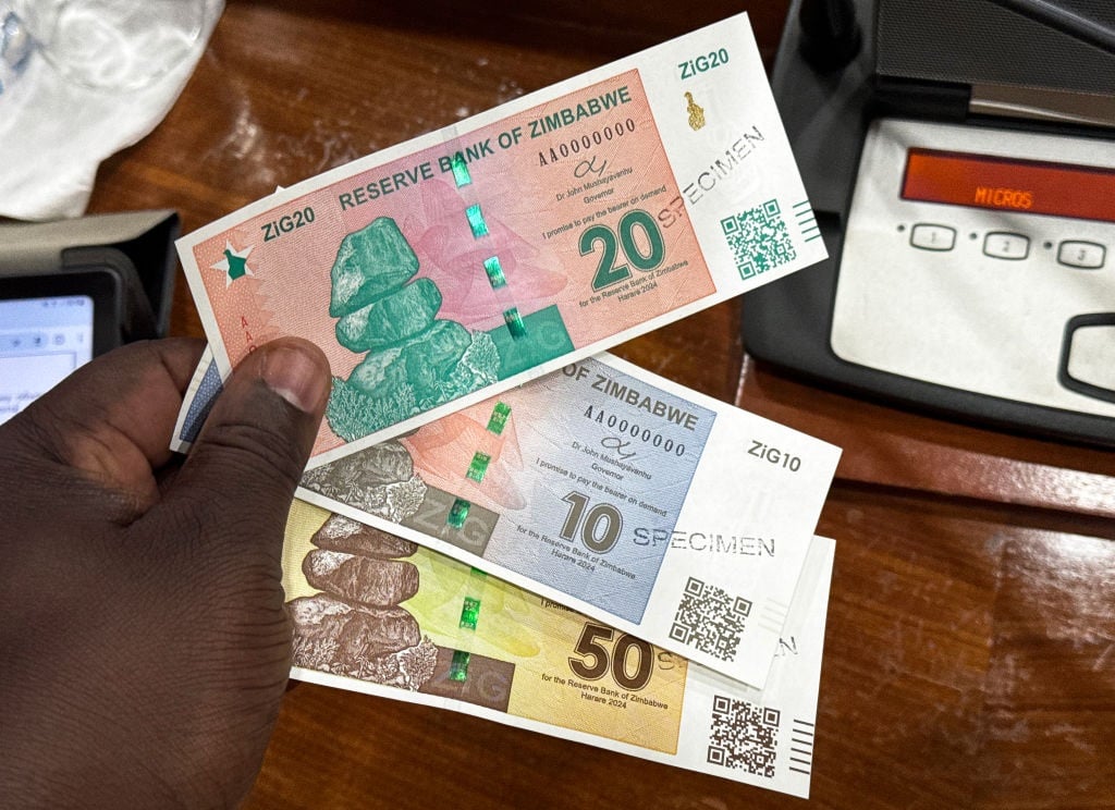 Banknotes of the new national currency Zimbabwe Gold, ZiG for short, are presented at a press conference of the Central Bank of Zimbabwe. (Columbus Mavhunga/picture alliance via Getty Images)