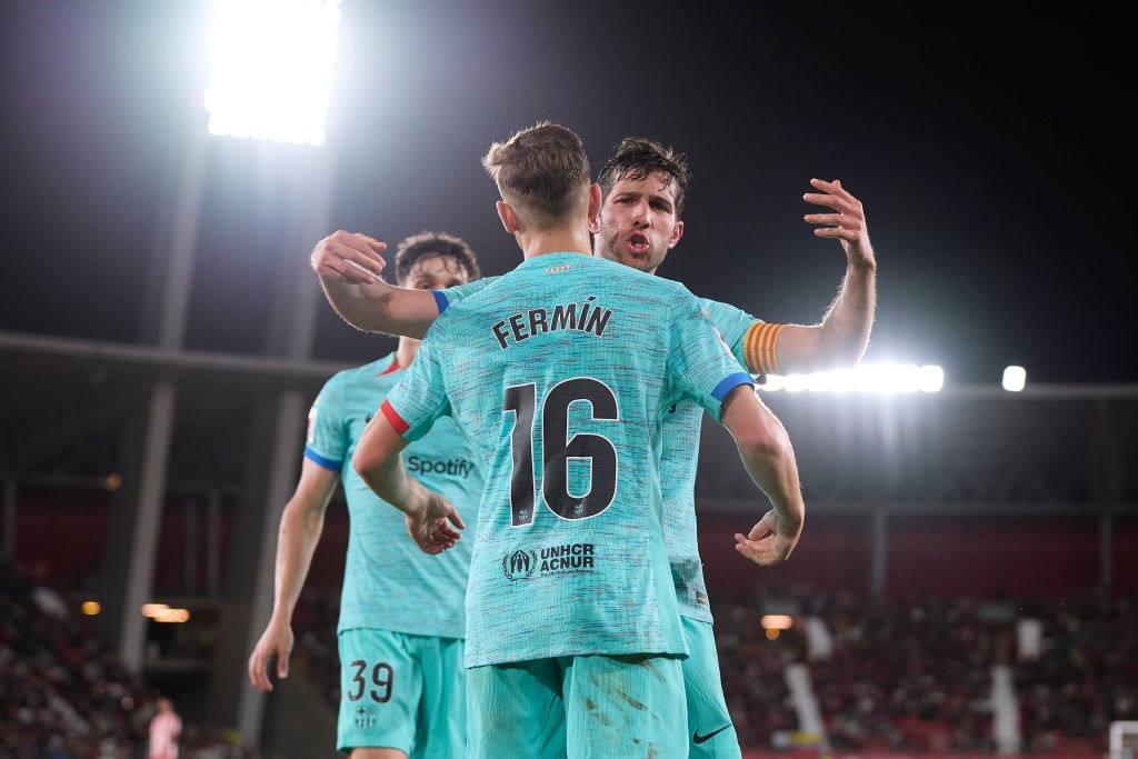 ALMERIA, SPAIN - MAY 16: Fermin Lopez of FC Barcelona celebrates after scoring his teams second goal during the LaLiga EA Sports match between UD Almeria and FC Barcelona at Juegos Mediterraneos on May 16, 2024 in Almeria, Spain. (Photo by Francisco Macia/Quality Sport Images/Getty Images)