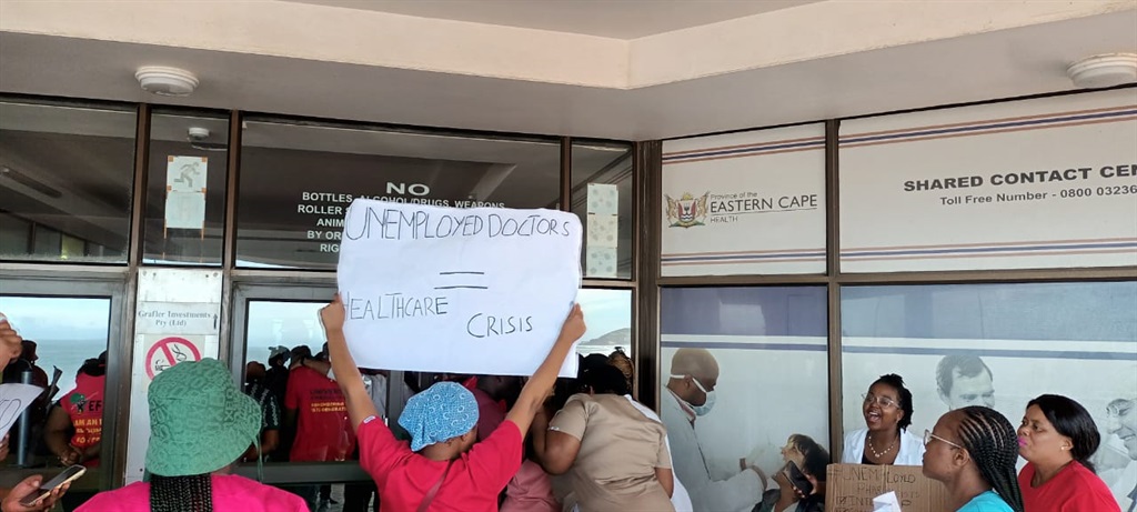 Unemployed Eastern Cape doctors and pharmacists protested outside the offices of the Eastern Cape Health Department in East London on Friday afternoon. (Sithandiwe Velaphi/News24)