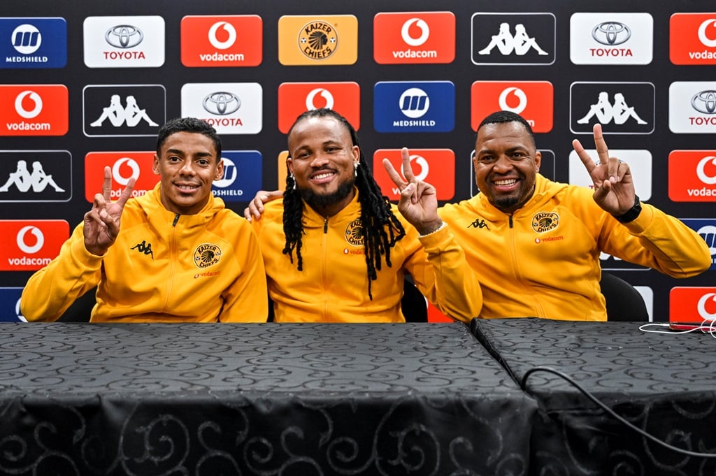Dillan Solomons,  Edmilson Dove and Itumeleng Khune during the Kaizer Chiefs media briefing at Moses Mabhida Stadium on August 04, 2023 in Durban, South Africa. 