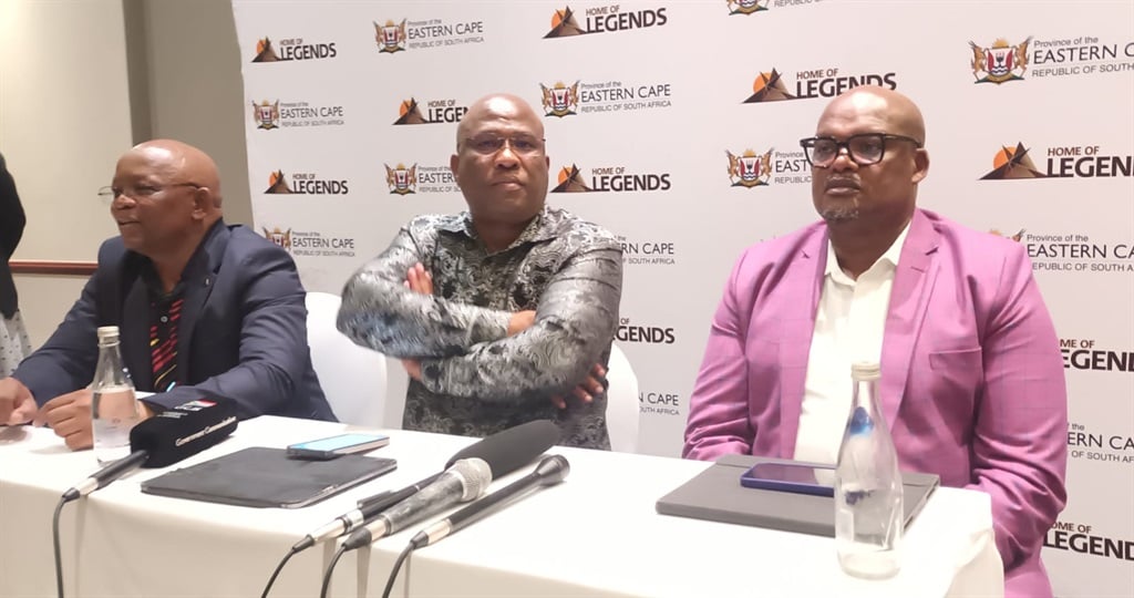 Eastern Cape MEC for Transport and Community Safety Xolile Nqatha, Premier Oscar Mabuyane and MEC for Cooperative Governance and Traditional Affairs Zolile Williams in a media briefing in East London on Monday. 