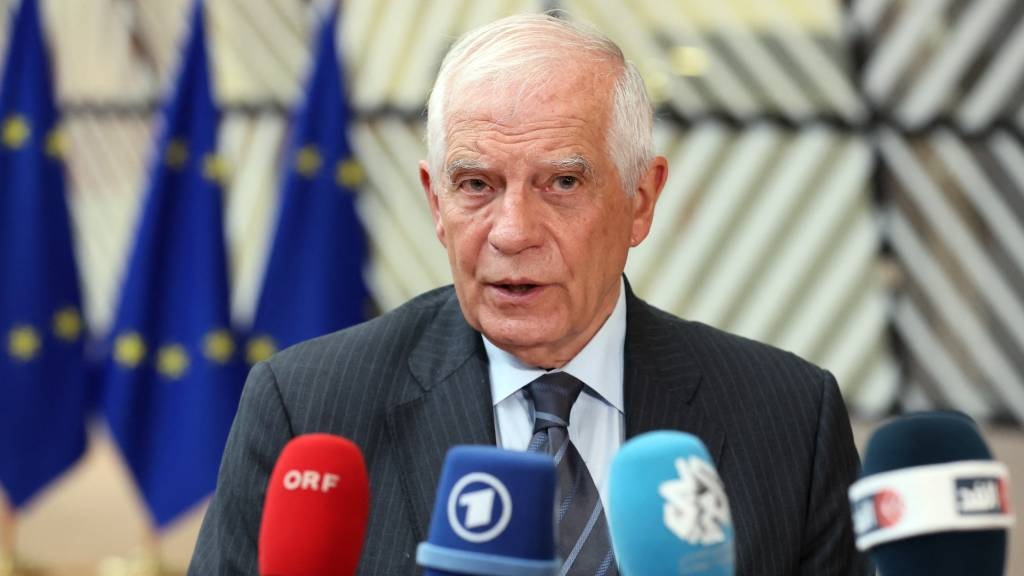 European Union High Representative for Foreign Affairs and Security Policy Josep Borrell delivers a statement to the media prior to a Foreign Affairs Council (FAC) meeting at the EU headquarters in Brussels. (François Walschaerts/AFP)