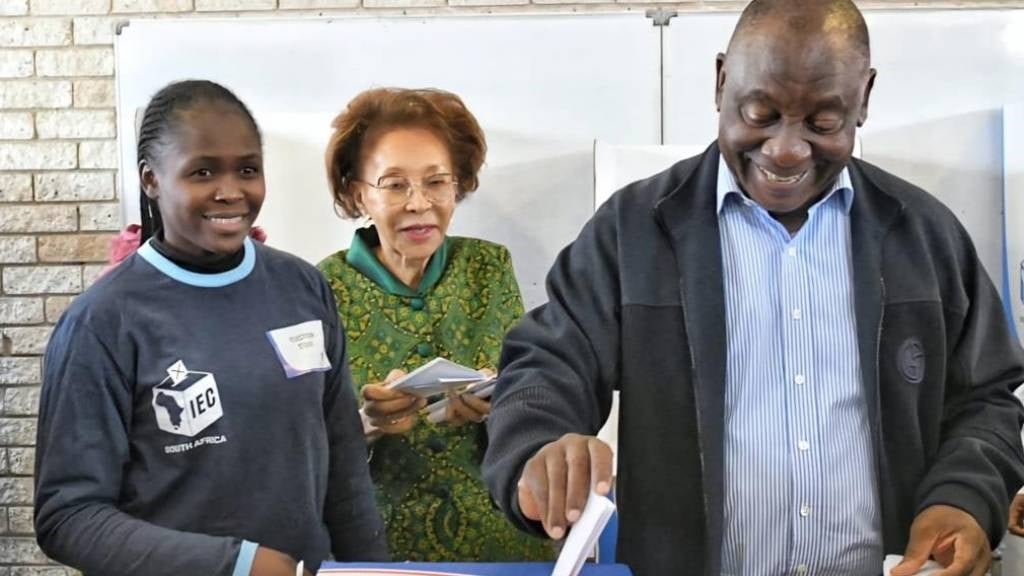 President Cyril Ramaphosa and First Lady Tshepo Motsepe cast their votes at Hitekani Primary School in Soweto on Wednesday. (Amanda Khoza/News24)