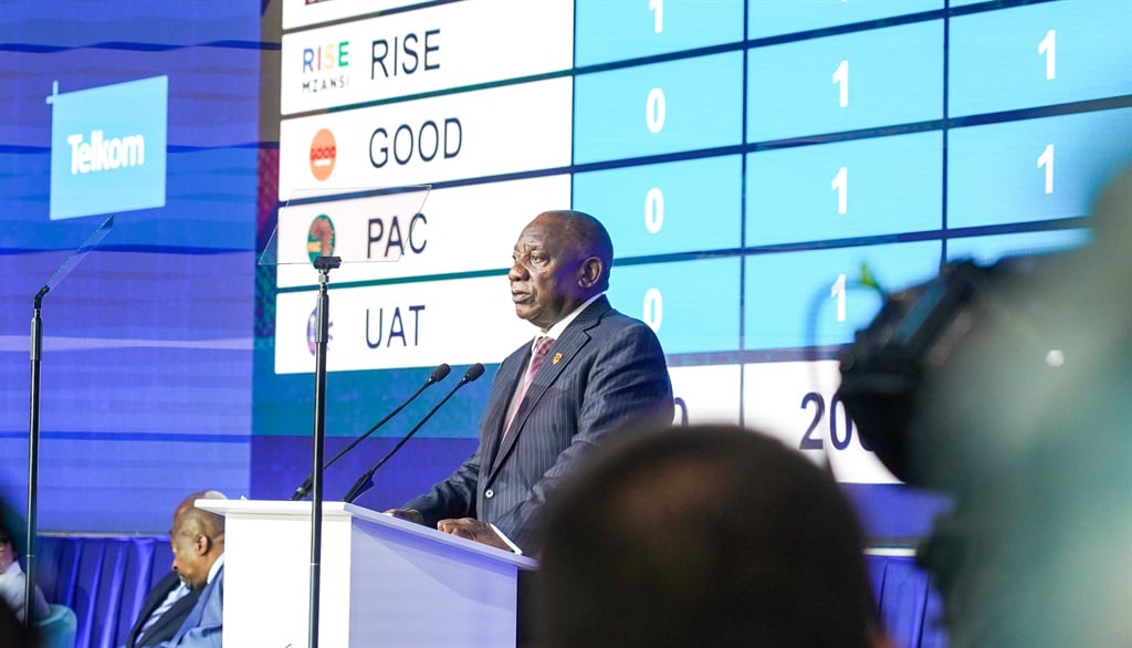 President Cyril Ramaphosa addressing the audience at the announcement of the 2024 election results at Gallagher Estates. (Alfonso Nqunjana/News24)