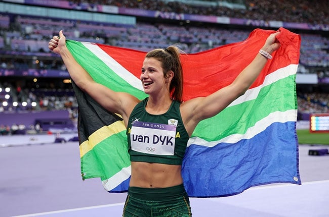 Team SA's Jo-Ane van Dyk celebrates winning the Olympic silver medal in the women's javelin at the Stade de France in Paris. (Patrick Smith/Getty Images)