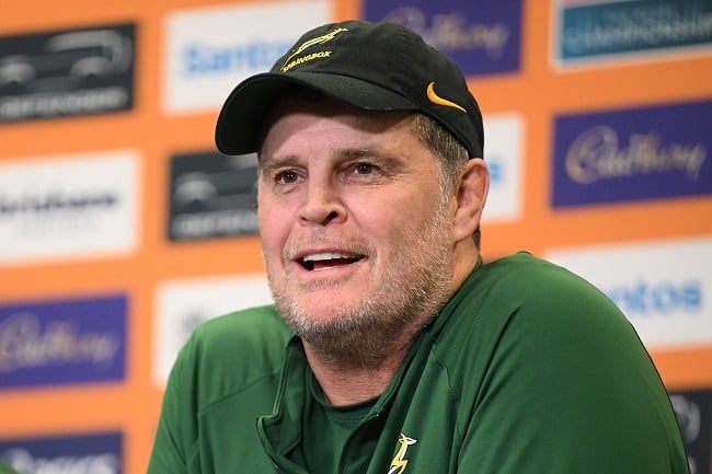 Head coach of the Springboks, Rassie Erasmus speaks during a press conference after The Rugby Championship match between Australia and the Springboks at Suncorp Stadium. (Matt Roberts/Getty Images)