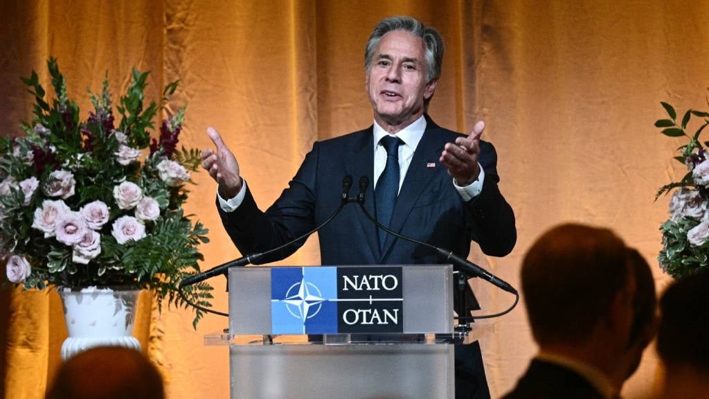 US Secretary of State Antony Blinken speaks during a NATO Defence Ministers dinner at Fort McNair in Washington, DC. (Brendan Smialowski/AFP)