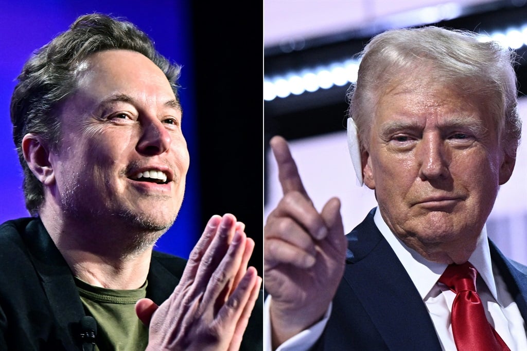 This combination of pictures created on 12 August 2024 shows, L-R, Tesla CEO Elon Musk speaking at the 27th annual Milken Institute Global Conference at the Beverly Hilton in Los Angeles on 6 May 2024 and former US President and 2024 Republican presidential candidate Donald Trump standing onstage during the last day of the 2024 Republican National Convention at the Fiserv Forum in Milwaukee, Wisconsin, on 18 July 2024. (Frederic J. Brown and Brendan Smialowski/AFP)