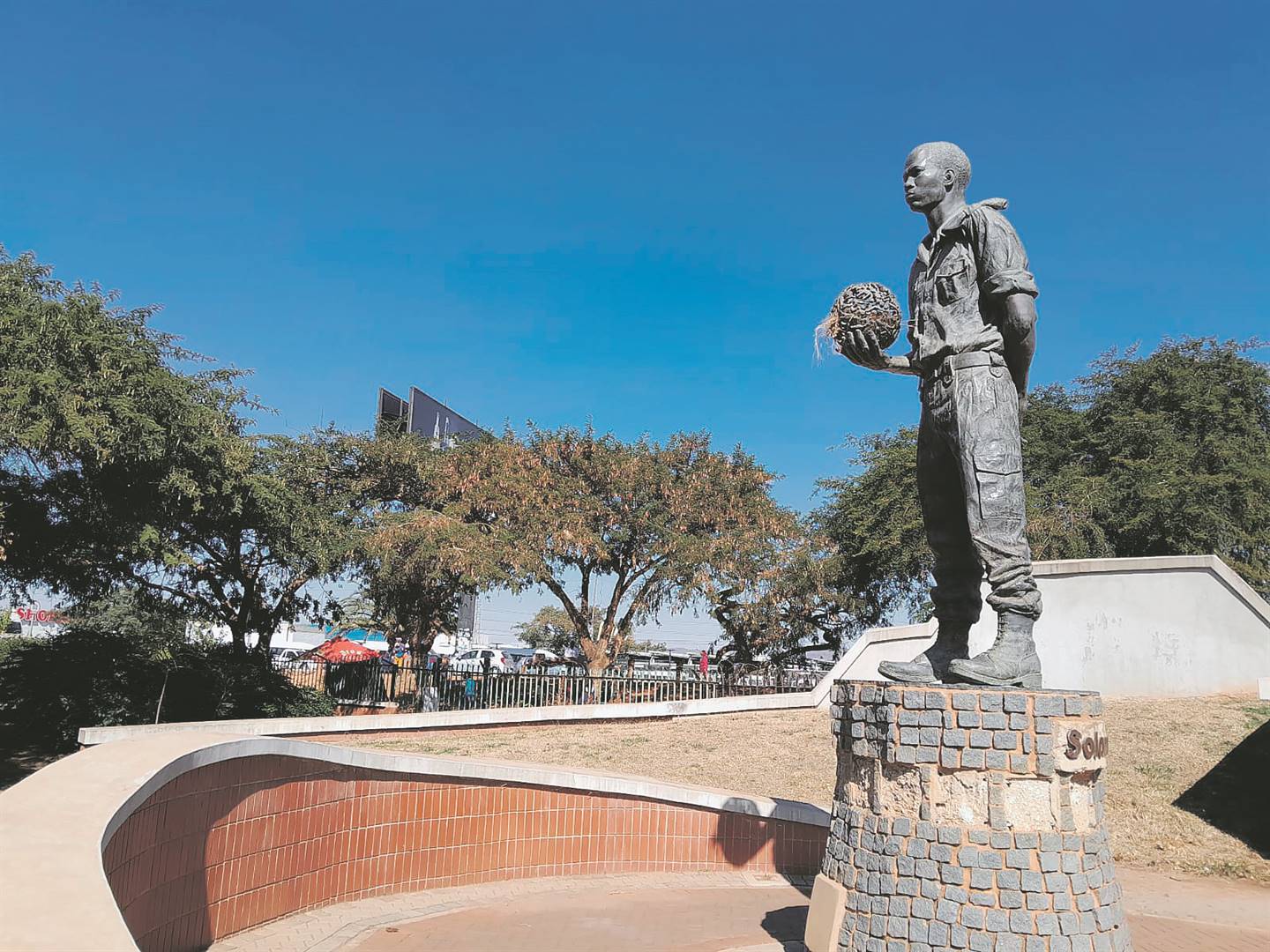 The imposing bronze statue of uMkhonto weSizwe combatant Solomon Kalushi Mahlangu, who was executed by the apartheid regime. Holding a sphere in his hand, which symbolises a world of opportunities, Mahlangu stands tall on a large pedestal in the Solomon Mahlangu Freedom Square precinct in Mamelodi West in Pretoria
