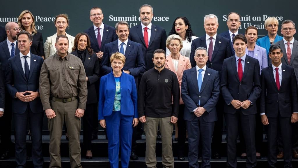 World leaders pose for a photograph during the Summit on peace in Ukraine, at the luxury Burgenstock resort, near Lucerne. (Michael Buholzer/Pool/AFP)