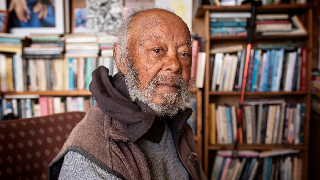 South African dissident poet, writer and publisher James Matthews poses for a photo at his home in Silvertown in Cape Town. (Leila Dougan/Gallo Images/Daily Maverick)