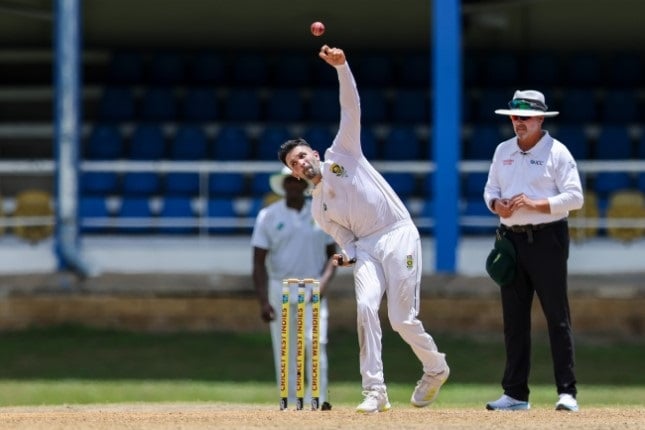 Proteas spinner Keshav Maharaj has carried the attack in the turning pitch at the Queen's Park Oval. (Daniel Prentice/Gallo Images)