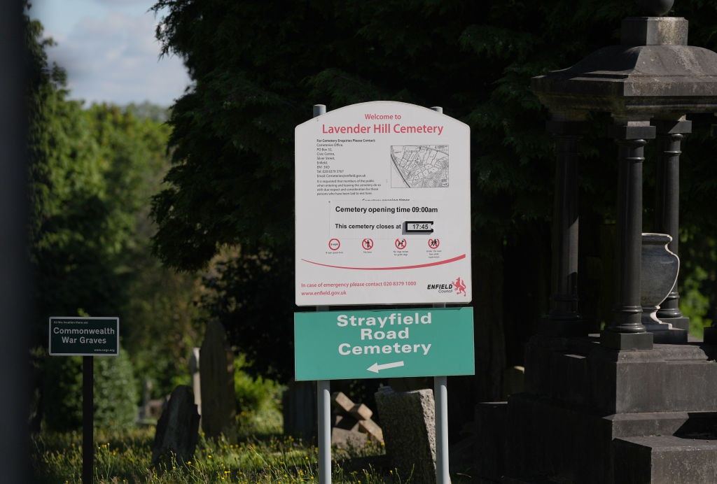 A sign for Lavender Hill Cemetery in Enfield, nort