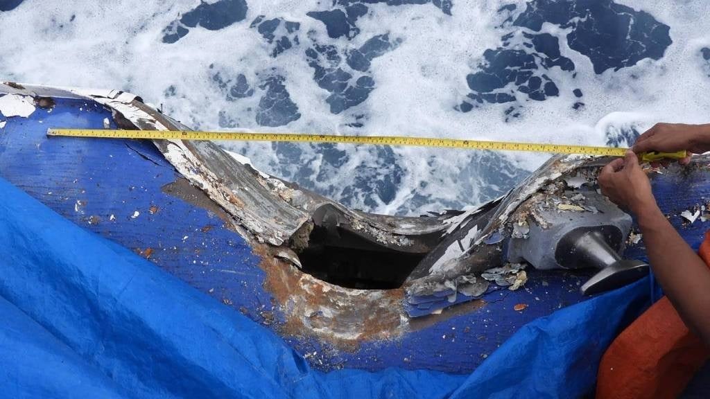 This handout photo taken and released by the Philippine Coast Guard (PCG) shows damage to the Coast Guard ship BRP Cape Engano (MRRV-4411) following a collision with a Chinese coast guard vessel near Sabina Shoal in disputed waters of the South China Sea. (Handout/Philippine Coast Guard/AFP)