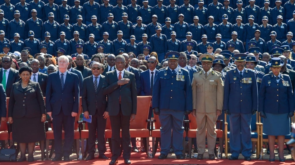 Deputy President Paul Mashatile (M) flanked by Police Commissioner Fannie Masemola (L) and Police Minister Senzo Mchunu, were among dignitaries gathered to honour police killed in the line of duty. (@PMashatile/X formerly Twitter)