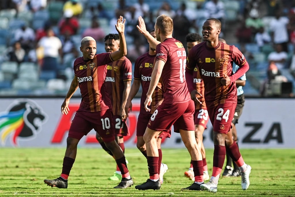 DURBAN, SOUTH AFRICA - SEPTEMBER 01: Lehlogonolo Mojela of Stellenbosch FC celebrates scoring during the MTN8, Semi Final, 2nd Leg match between Stellenbosch FC and Mamelodi Sundowns at Moses Mabhida Stadium on September 01, 2024 in Durban, South Africa. (Photo by Darren Stewart/Gallo Images)