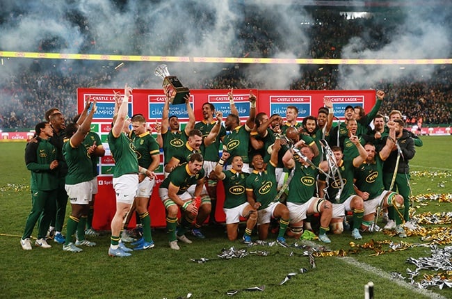 The Springboks celebrate winning the Freedom Cup at Cape Town Stadium on Saturday. (Bertram Malgas/News24)