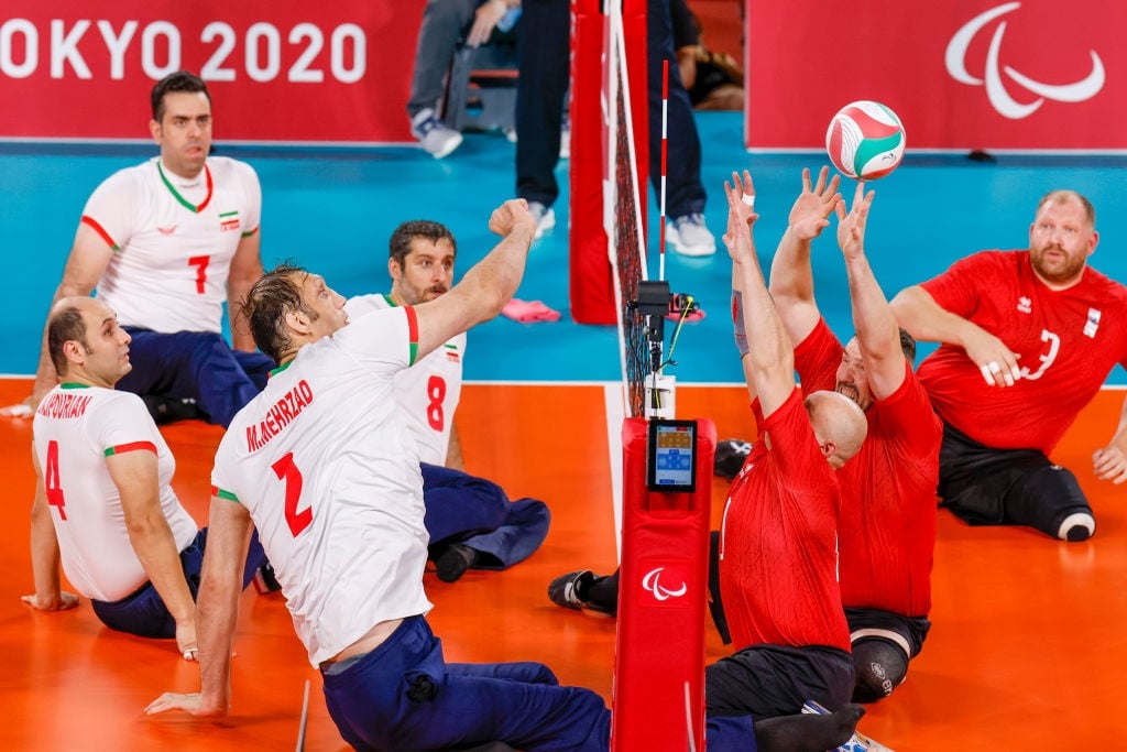 Morteza Mehrzad # 2 of Team Islamic Republic of Iran competes against Team Russian Paralympic Committee during the mens sitting volleyball gold match at the Tokyo 2020 Paralympic Games. (Tasos Katopodis/Getty Images)