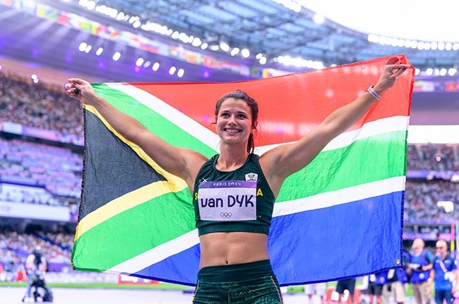 South Africa's Jo-Ane van Dyk celebrates after winning silver in the women's javelin at Paris Olympics. (Anton Geyser/Gallo Images)