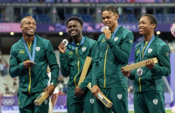 Mabopane's Bradley Nkoana, second from left, has made his grandparents proud after helping Team SA men's 100m relay team win a silver medal at the Paris Olympics. (Roger Sedres/Gallo Images)