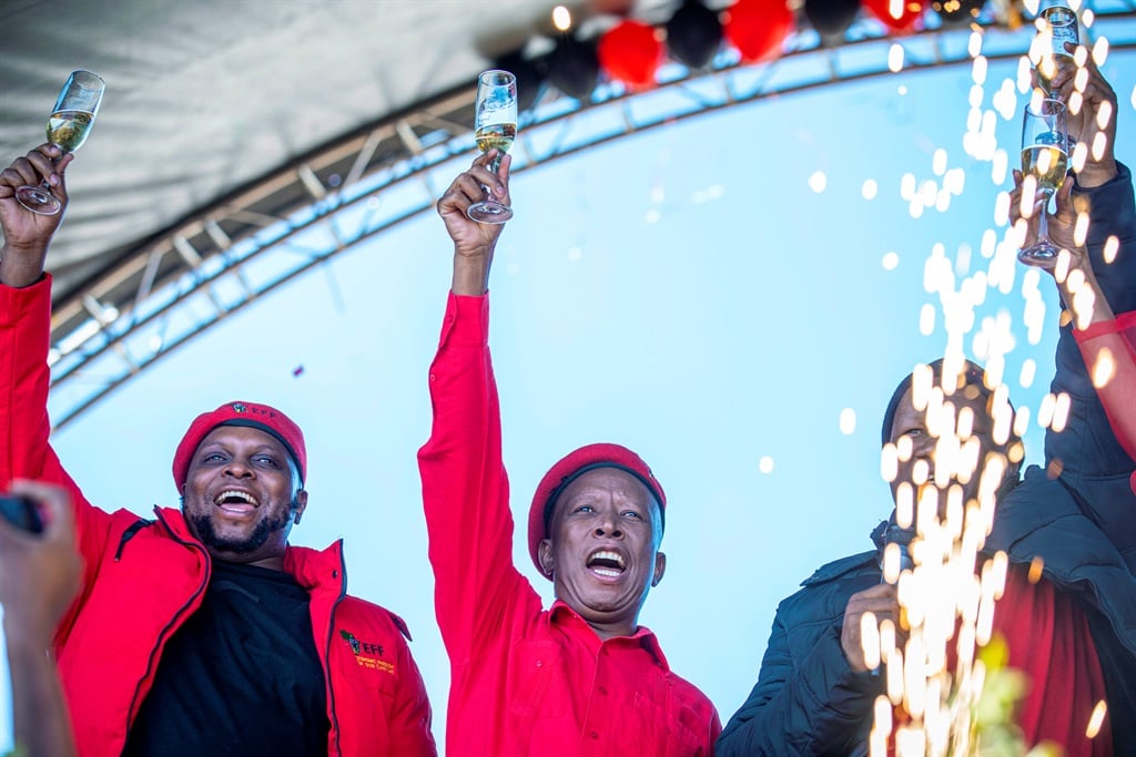 EFF leader Julius Malema and his deputy Floyd Shivambu in happier times during the party's 11th birthday anniversary rally at AR Abbas Sports Ground in Kimberley on 27 July 2024. Allegations that Shivambu would challenge the party's leadership led to the relationship breaking down