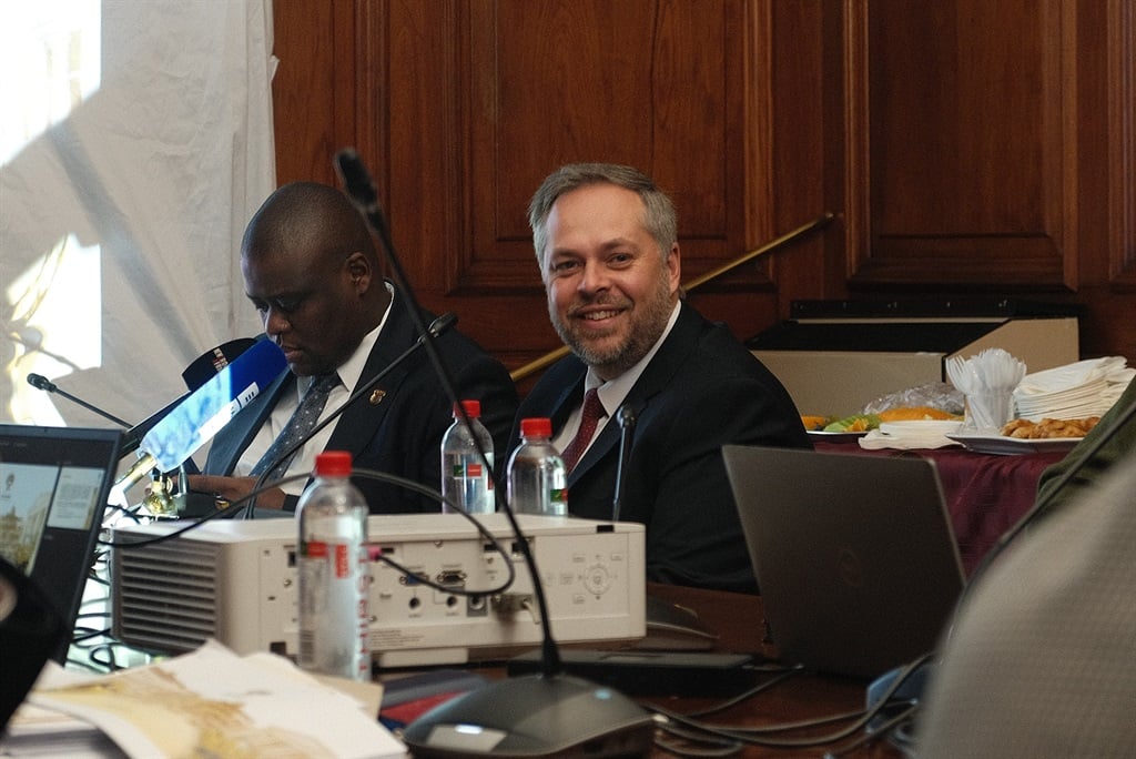 Home Affairs Minister Leon Schreiber and his deputy Njabulo Nzuza, before addressing the Portfolio Committee on Home Affairs on Tuesday. (Jan Gerber/News24)