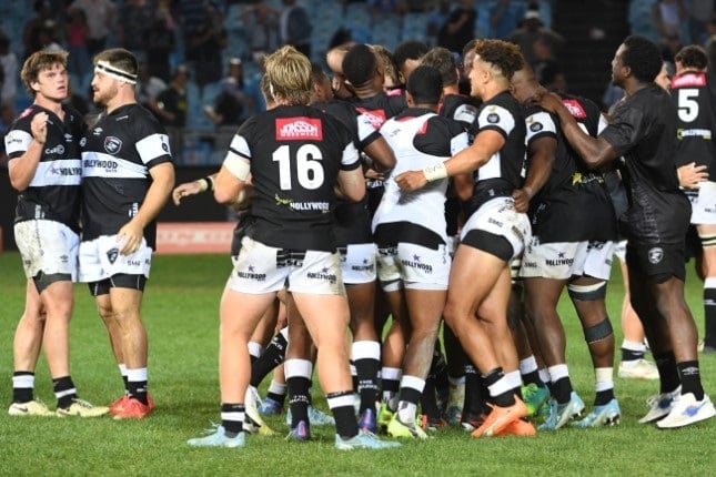 Sharks celebrating their win over the Bulls in their semi-final showdown in Pretoria. (Lee Warren/Gallo Images)