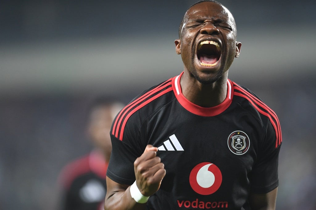 JOHANNESBURG, SOUTH AFRICA - AUGUST 23: Tshegofatso Mabasa Celebrates his goal during the CAF Champions League, First Preliminary Round, 2nd Leg match between Orlando Pirates and Disciples FC at Orlando Stadium on August 23, 2024 in Johannesburg, South Africa. (Photo by Lefty Shivambu/Gallo Images)