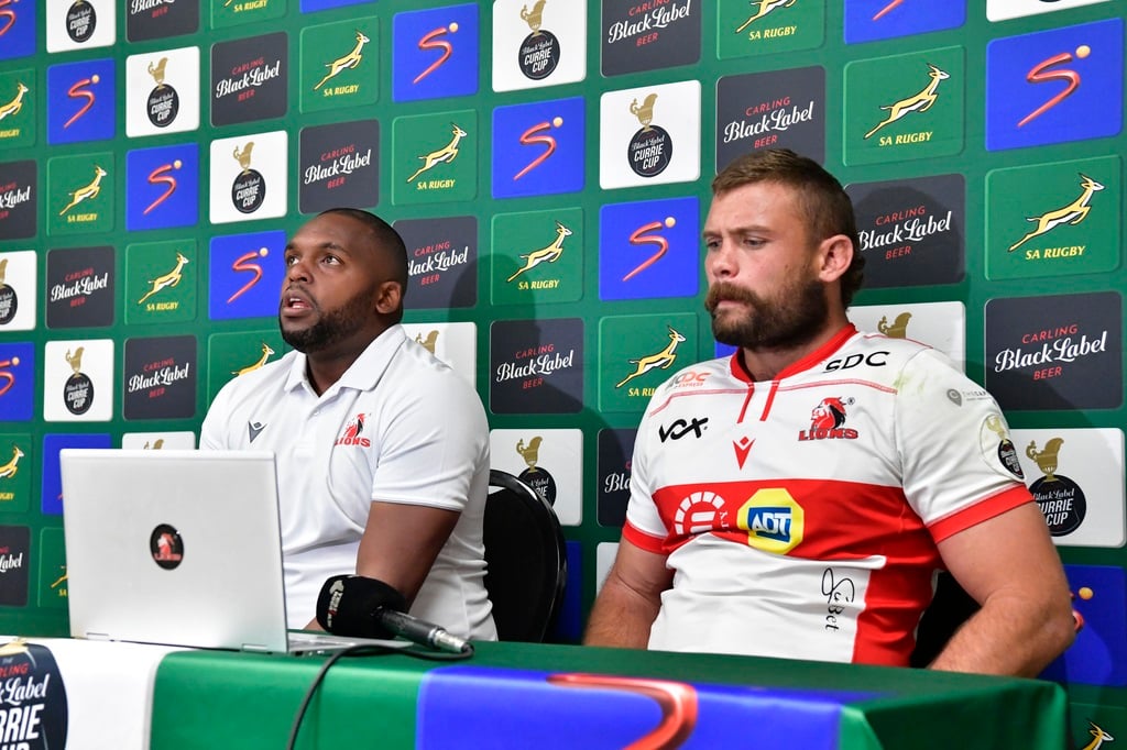 Lions' Currie Cup coach Mziwakhe Nkosi (left) with his captain Jaco Visagie in a press conference after they did the double on the Pumas en route to making the tournament's final. (Sydney Seshibedi/Gallo Images)