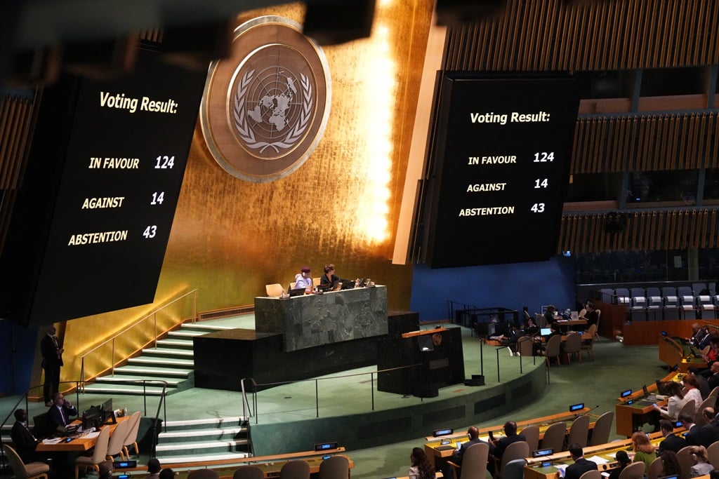 The final result of a vote during the emergency session on the legal consequences of Israel's actions in the Palestinian territories is shown at United Nations Headquarters in New York on 18 September 2024. (Bryan Smith / AFP)