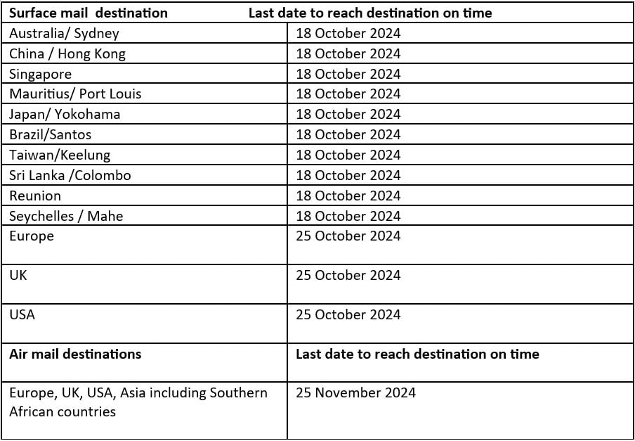 Cut off dates for the Post Office (Supplied)