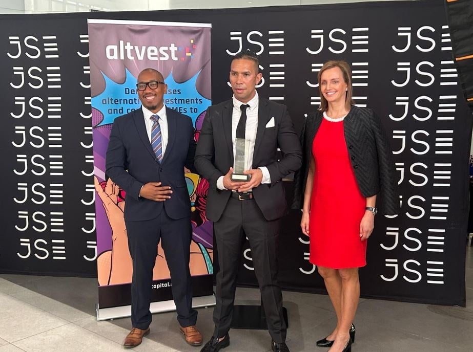 Sam Mokorosi, head of origination and deals at the JSE, Warren Wheatley, CEO of Altvest Capital with JSE CEO Leila Fourie at Altvest's launch on Monday. (Nick Wilson/News24)